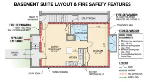 Diagram showing requirements for legal basement suite conversion in Hamilton Ontario