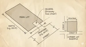 Annotated diagram showing lot frontage and depth affecting multi unit infill approval in Hamilton