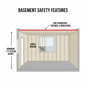 Basement cross section showing egress window, fire separation, and ceiling height for legal basement apartment in Hamilton