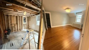 Finished legal suite basement conversion in Hamilton Ontario completed by Gateway showing open plan living area and separate kitchen
