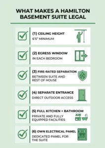 Infographic checklist of Hamilton legal basement suite requirements: 6'5" minimum ceiling height, egress window in every bedroom, fire-rated separation, separate entrance, full kitchen and bathroom, own electrical panel 