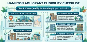 Infographic showing Hamilton ADU grant eligibility checklist: urban area, new unit, up to 4-6 units, permits after Oct 9 2025 
