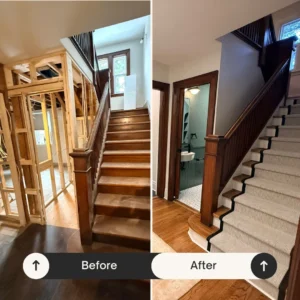 Before and after of Hamilton basement suite conversion — unfinished basement transformed into permitted legal apartment 