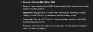 Screenshot of the Ontario Builder Directory showing Gateway Group's active Tarion registration status