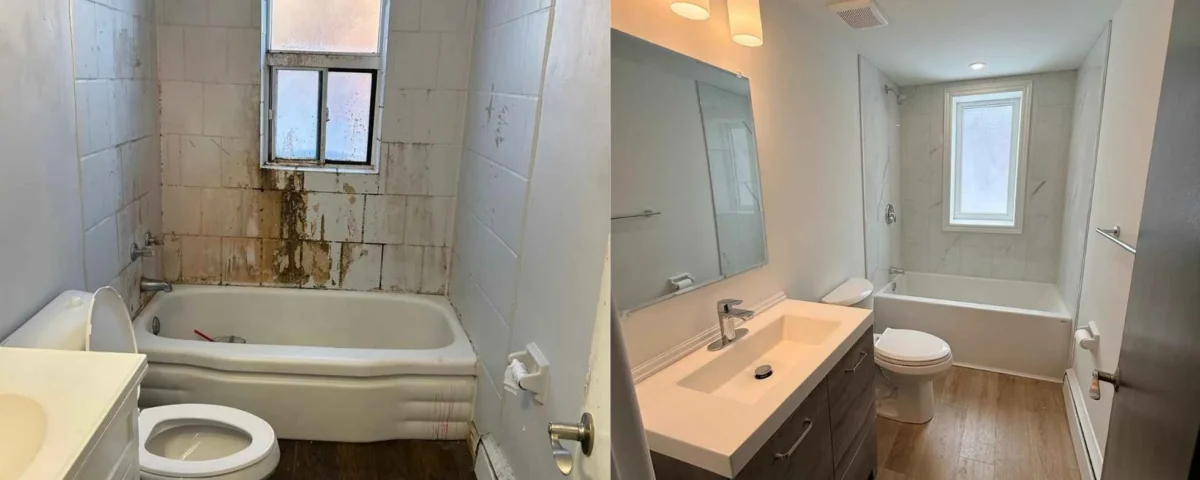 Hamilton bathroom mid-renovation showing subfloor removal and exposed cast iron drain stack — Gateway Group project 2025