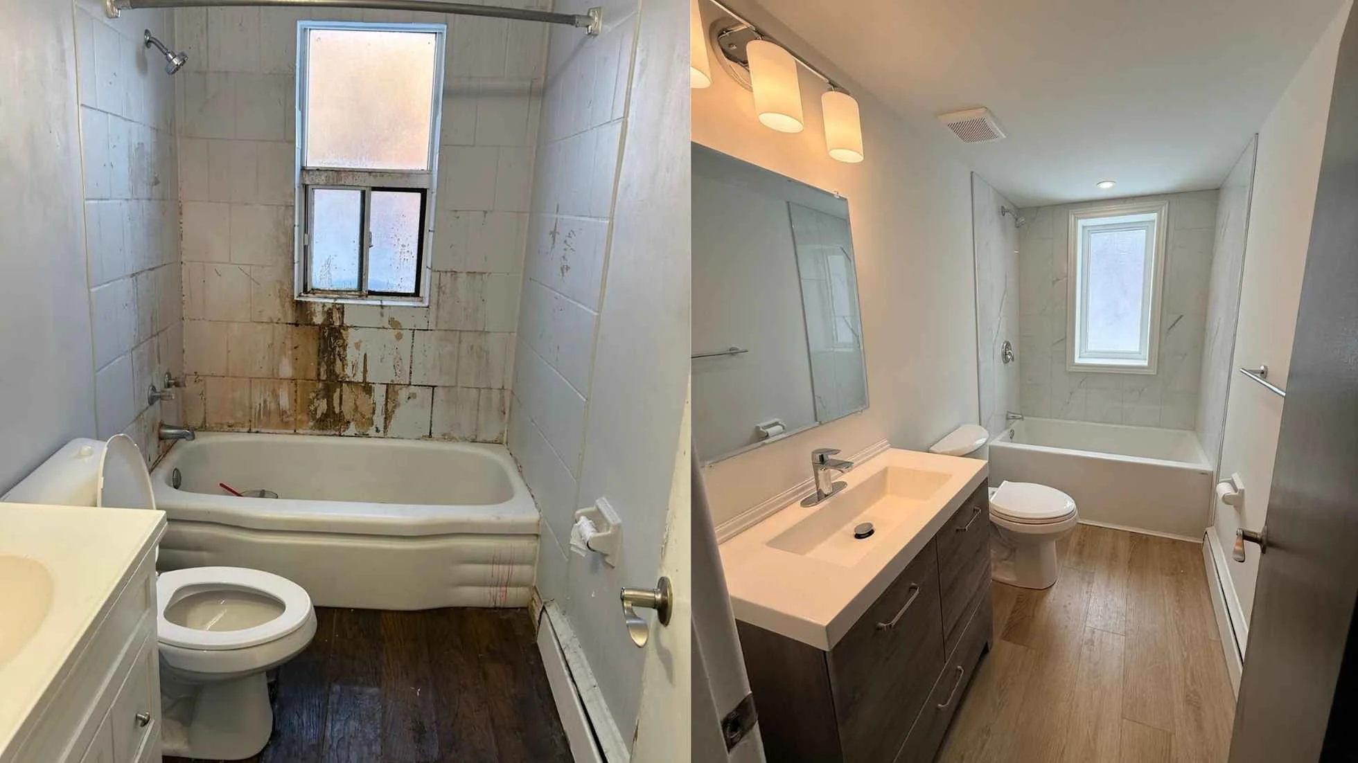 Hamilton bathroom mid-renovation showing subfloor removal and exposed cast iron drain stack — Gateway Group project 2025