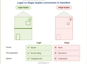 Legal versus illegal duplex conversion showing permit, fire separation and egress differences in Hamilton
